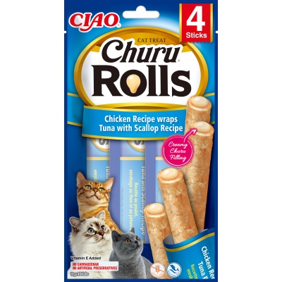 Friandise CHURU ROLLS batonnets de poulet, thon et pétoncles x12