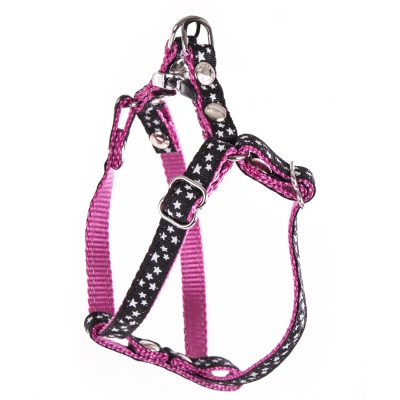 Harnais en nylon pour chien "Etoiles" Noir/Rose - XS